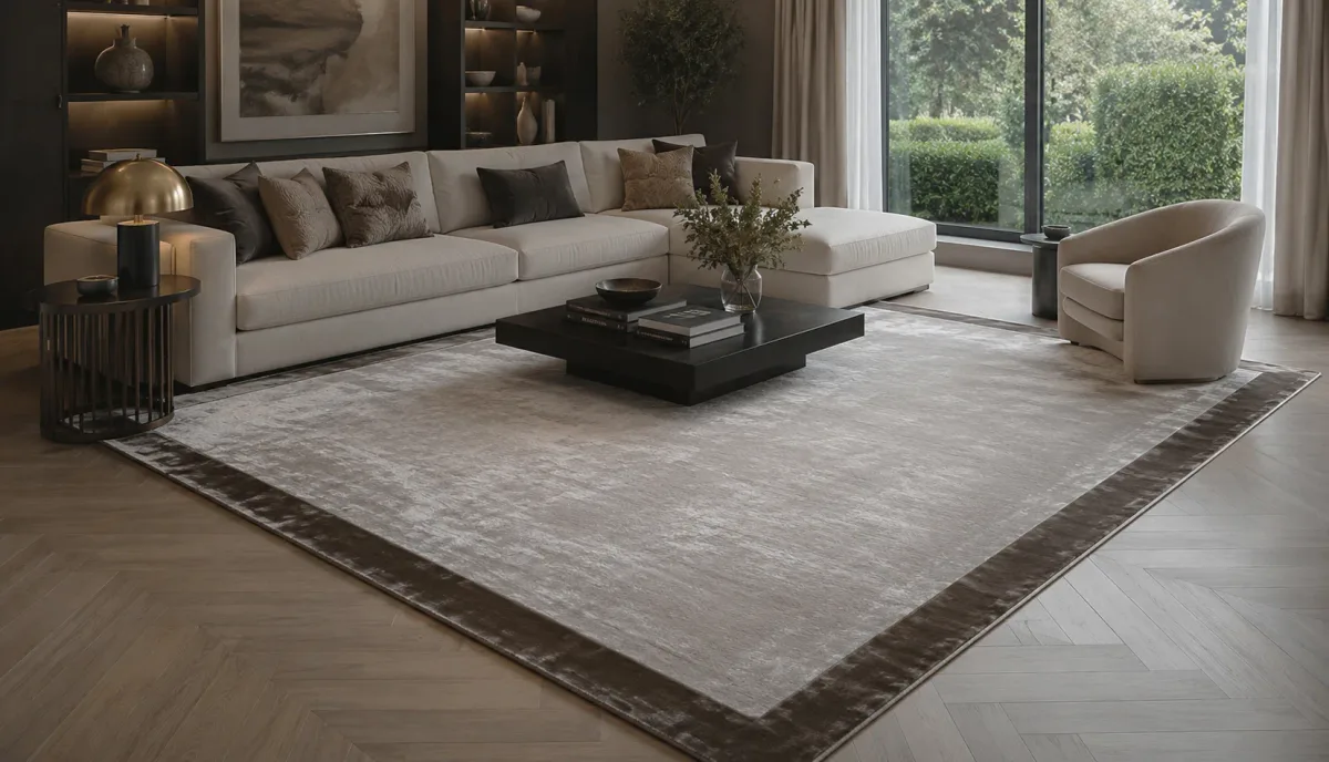 Light Platinum Gray Art Silk Rug with Black Brown Border