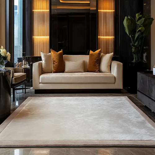 Cream Art Silk Rug with Hint Of Grey Brown Wool Border