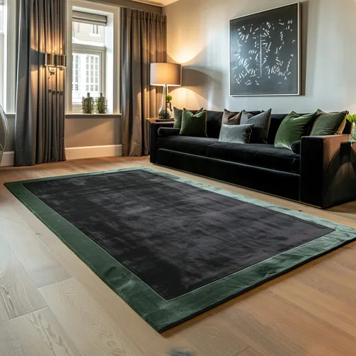Jet Black Art Silk Rug with Opal Green Border