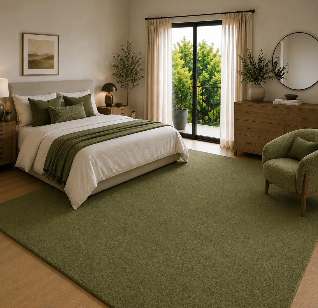 Plain Brown Green Wool Rug - Rug Roomset Collection