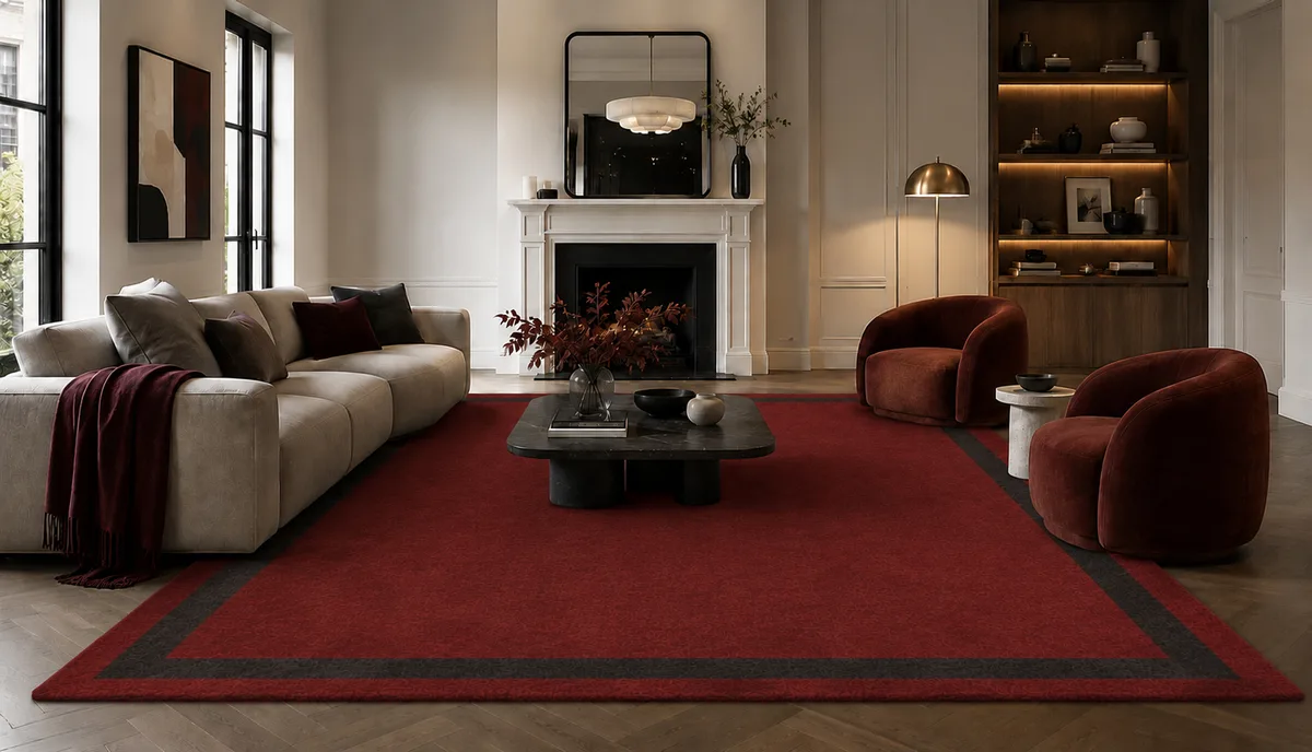 Flame Red Wool Rug with Jet Black Art Silk Inset Border