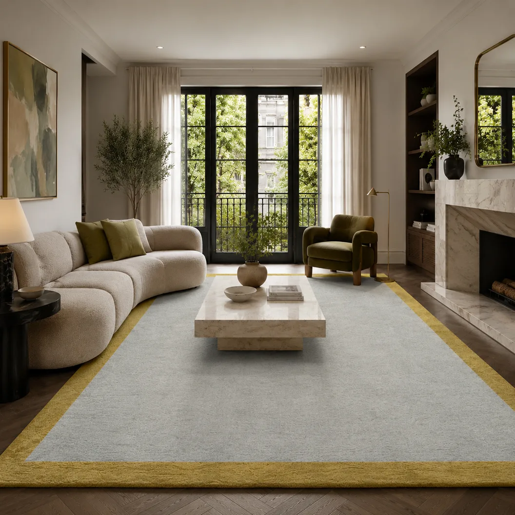 Silver Gre Art Silk Rug with Honey Yellow Border - Rug Roomset Collection Silver Gre Art Silk Rug with Honey Yellow Border - Rug Roomset Collection