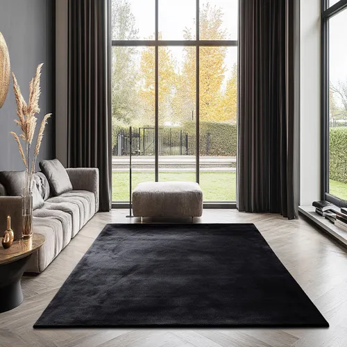 Plain Jet Black Wool Rug