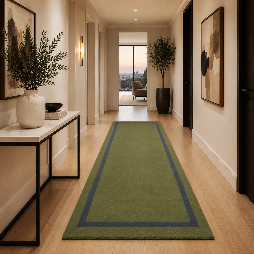 Fern Green Wool Runner with Deep Denim Blue Inset Border - Rug Roomset Collection Fern Green Wool Runner with Deep Denim Blue Inset Border - Rug Roomset Collection