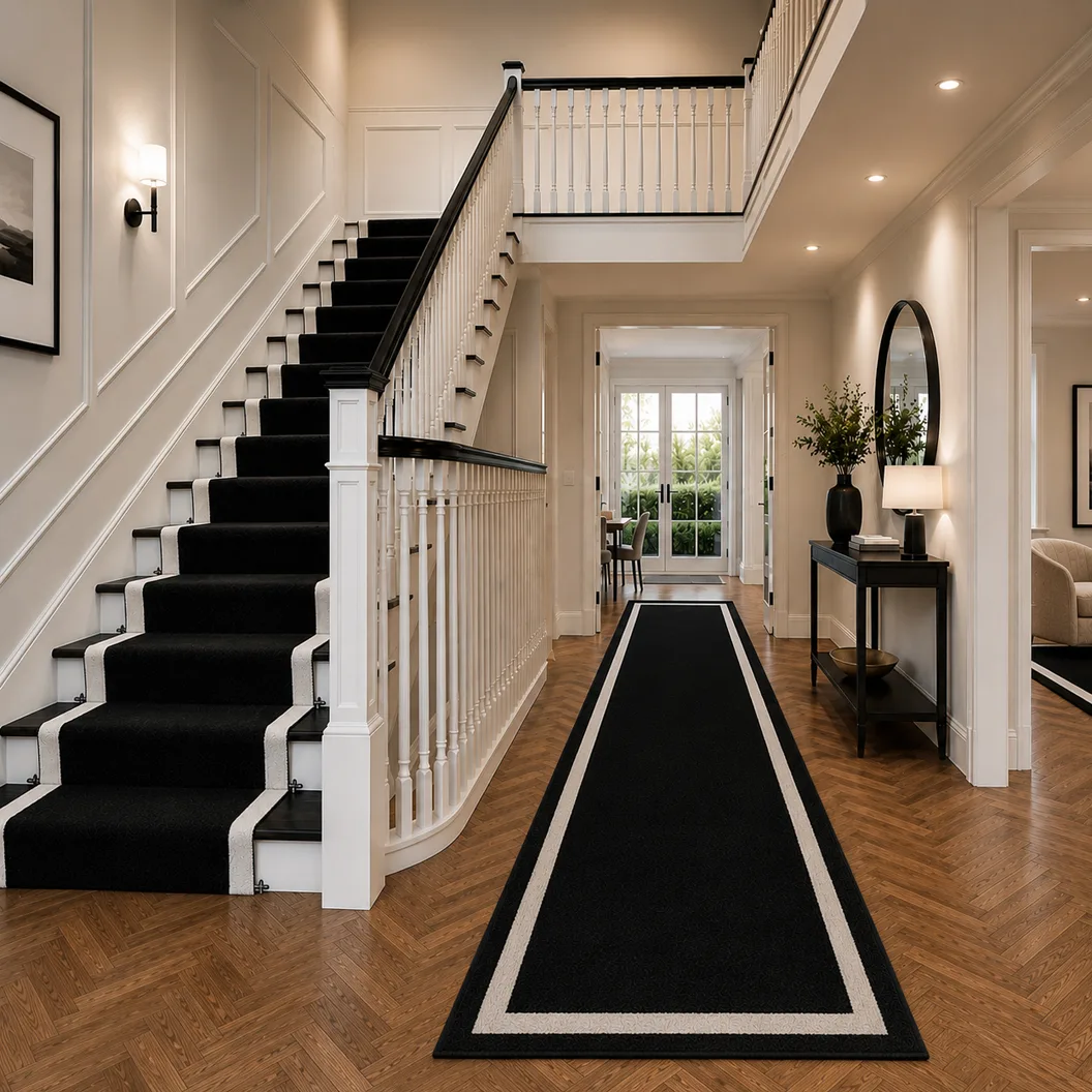 Jet Black Art Silk Runner with Traffic White Inset Border - Rug Roomset Collection Jet Black Art Silk Runner with Traffic White Inset Border - Rug Roomset Collection