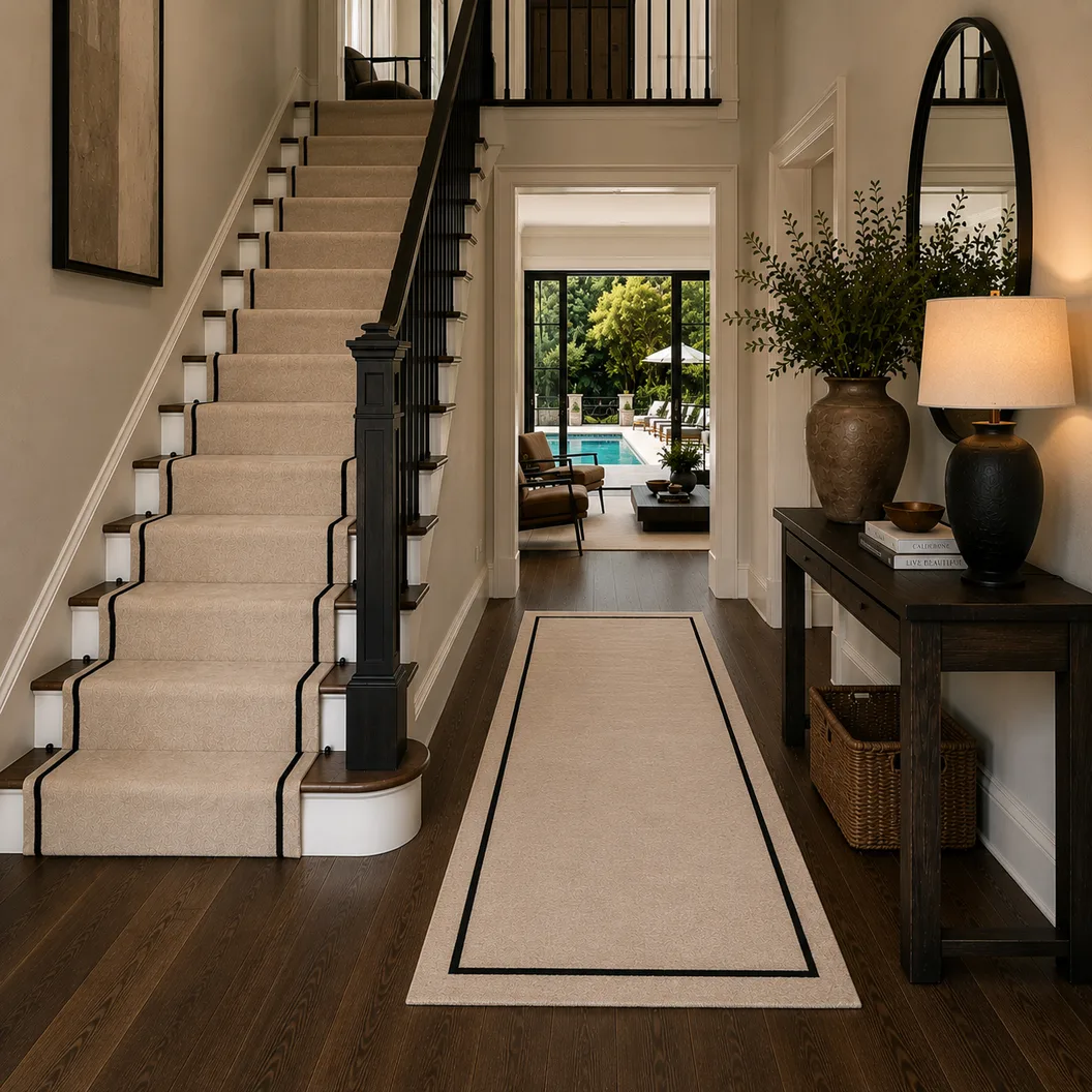 Sand White Wool Runner with Jet Black Art Silk Inset Border - Rug Roomset Collection