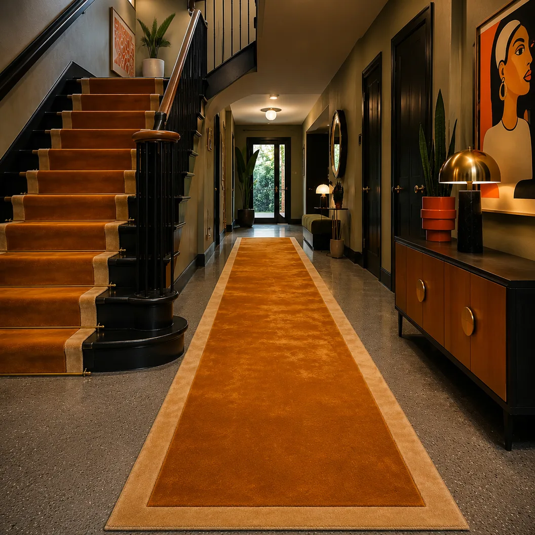 Traffic Orange Art Silk Runner with Saffron Yellow Wool Border - Rug Roomset Collection