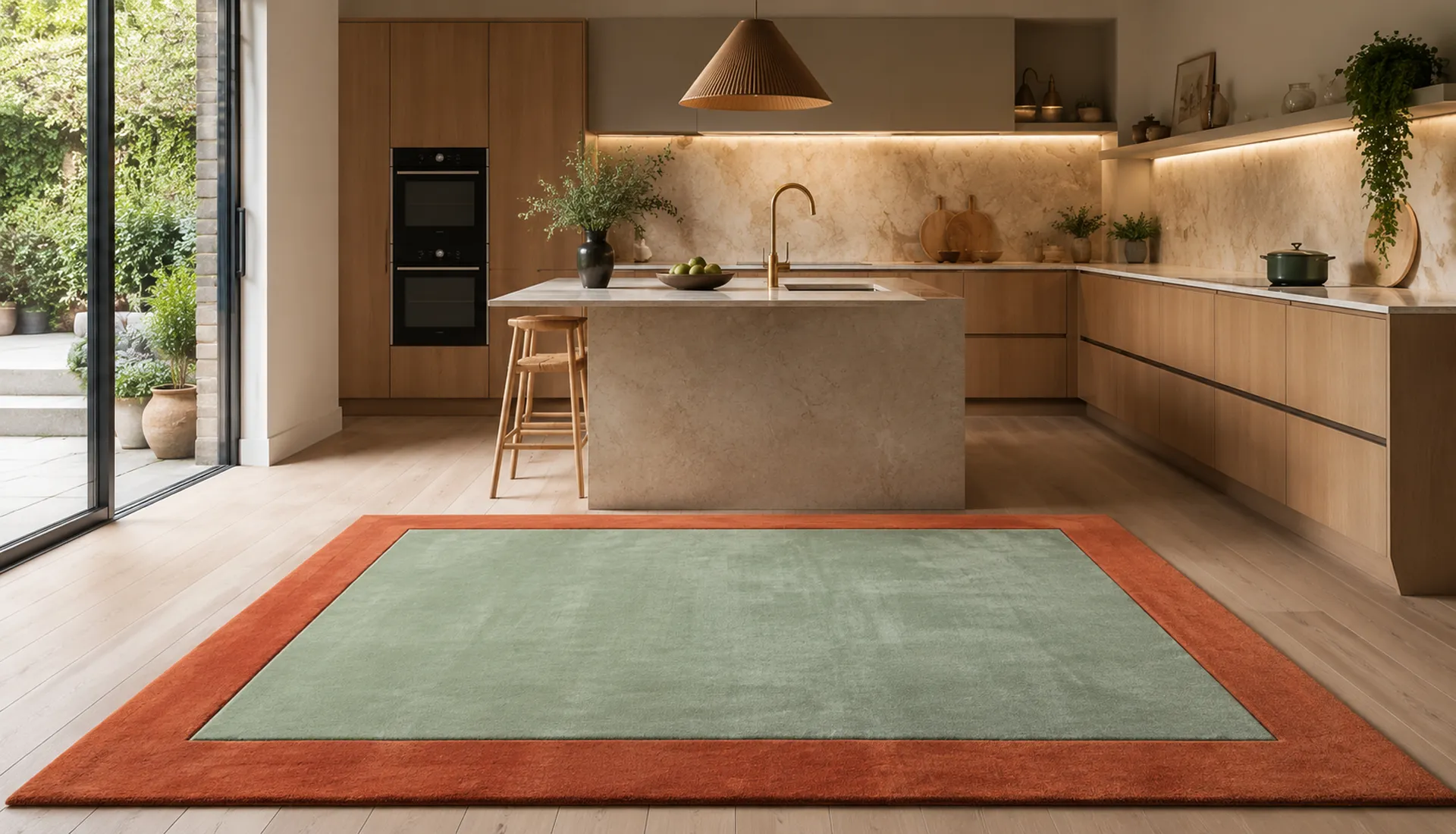 Pastel Turquoise Green Wool Rug with Tomato Red Border