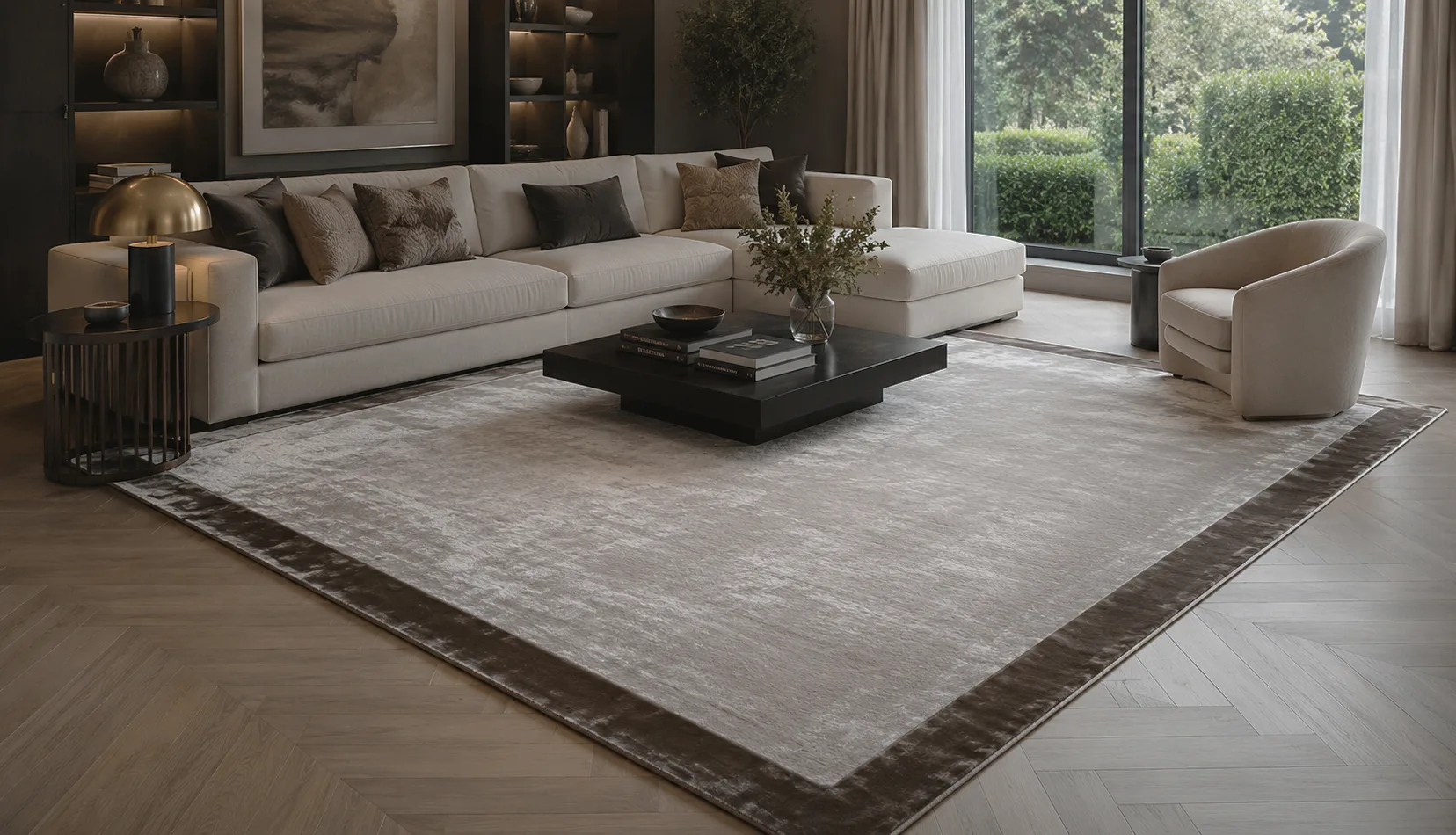 Light Platinum Gray Art Silk Rug with Black Brown Border