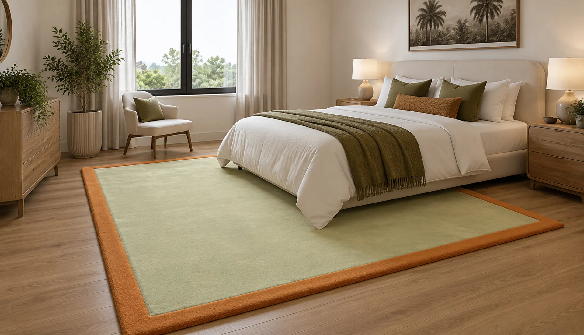 Hint Of Grass Green Wool Rug with Deep Orange Border