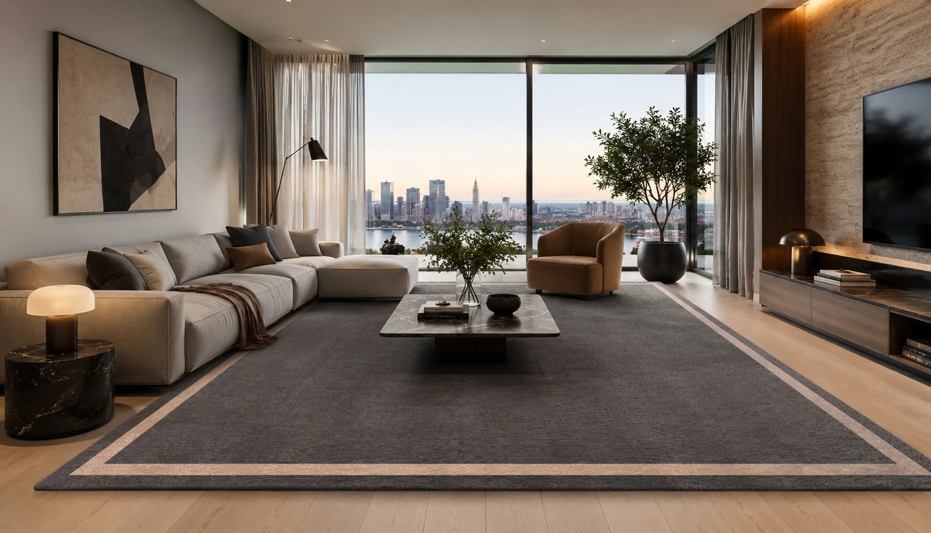 Slate Gray Wool Rug with Hint Of Salmon Inset Border