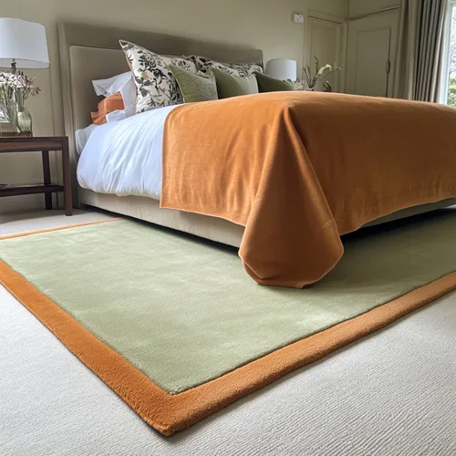 Pastel Green Wool Rug with Deep Orange Border - Rug Roomset Collection