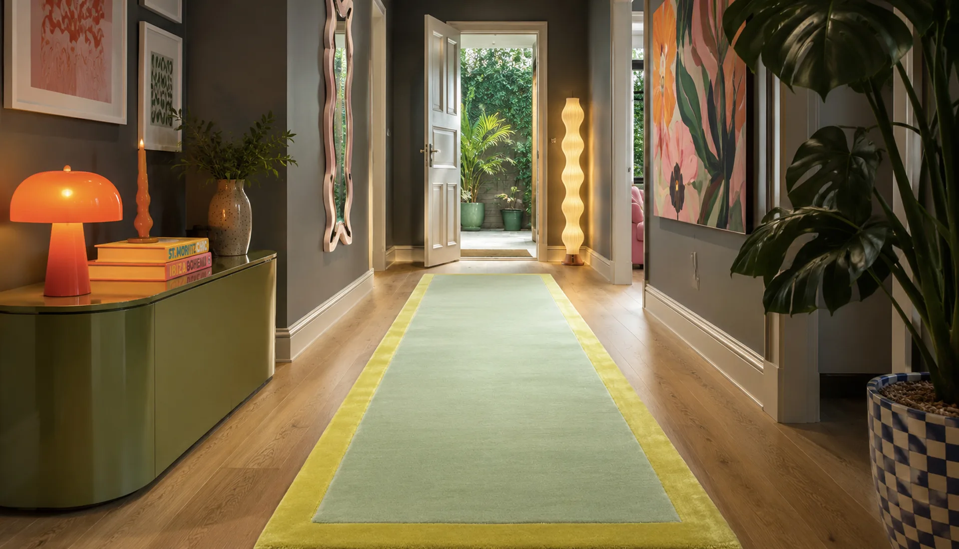 Pastel Green Wool Runner with Golden Rod Border
