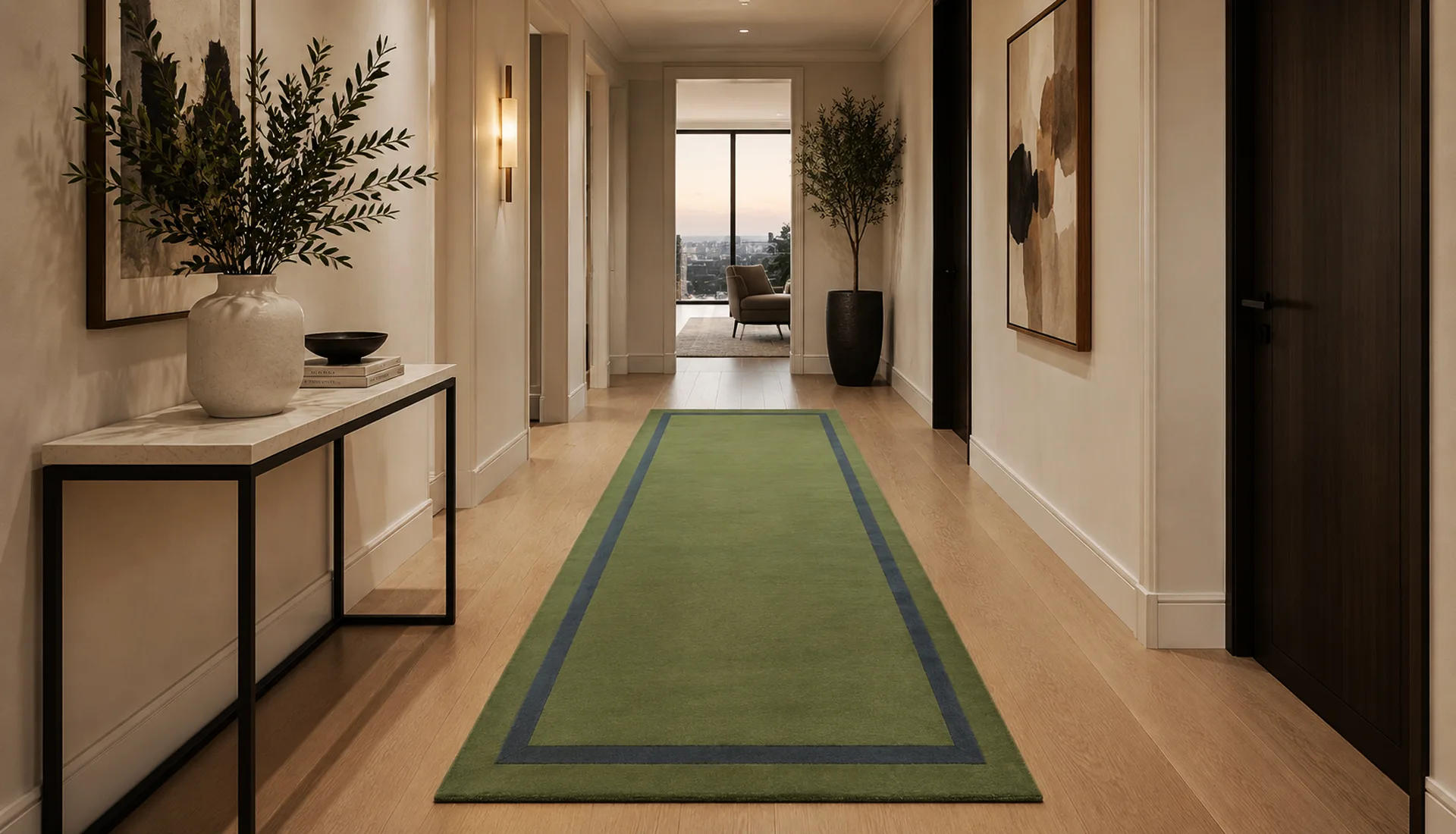 Fern Green Wool Runner with Deep Denim Blue Inset Border